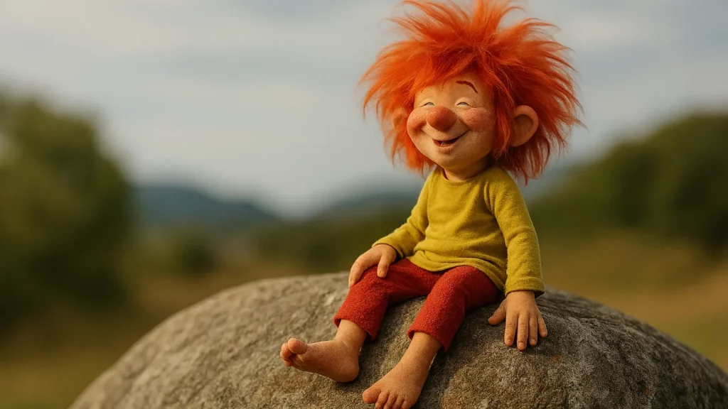 Die Grafik zeigt einen Kobold mit roten Haaren auf einem Stein sitzend und lächelnd.