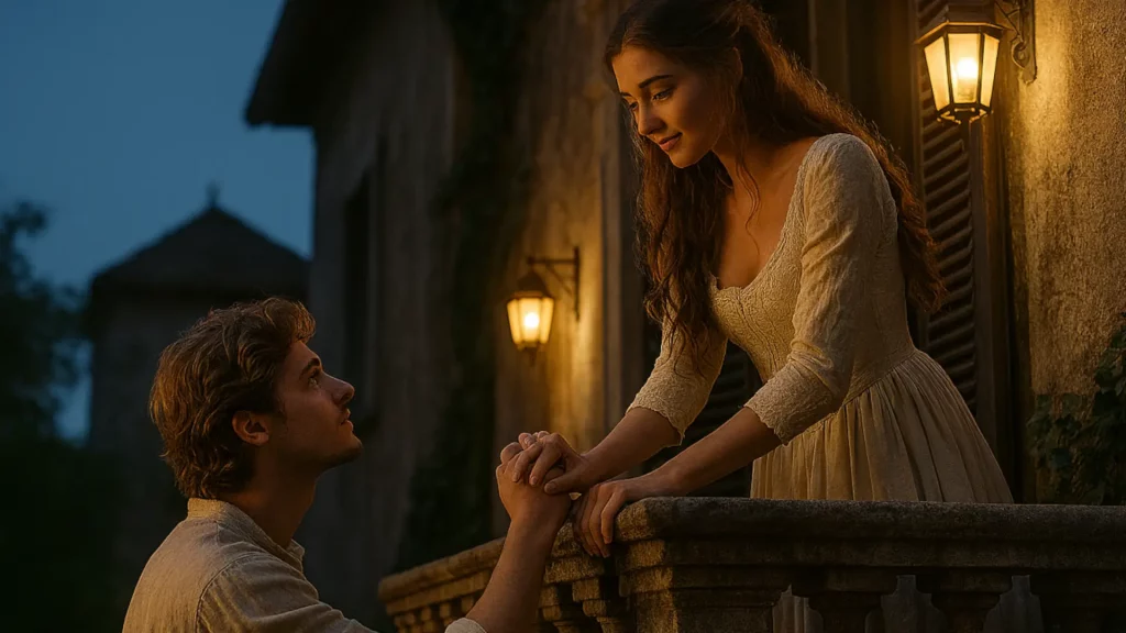 Ein paar hält Händchen an einem Balkon