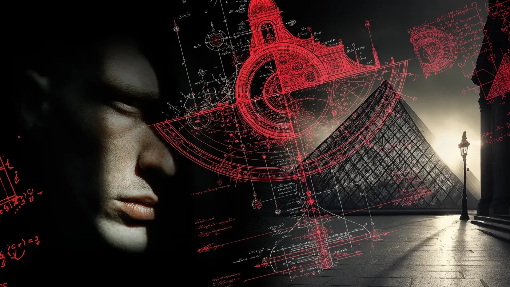 Die Grafik zeigt die Silhouette eines GEsichtes, eine Pyramide und viele mysteriöse Schriftzeichen