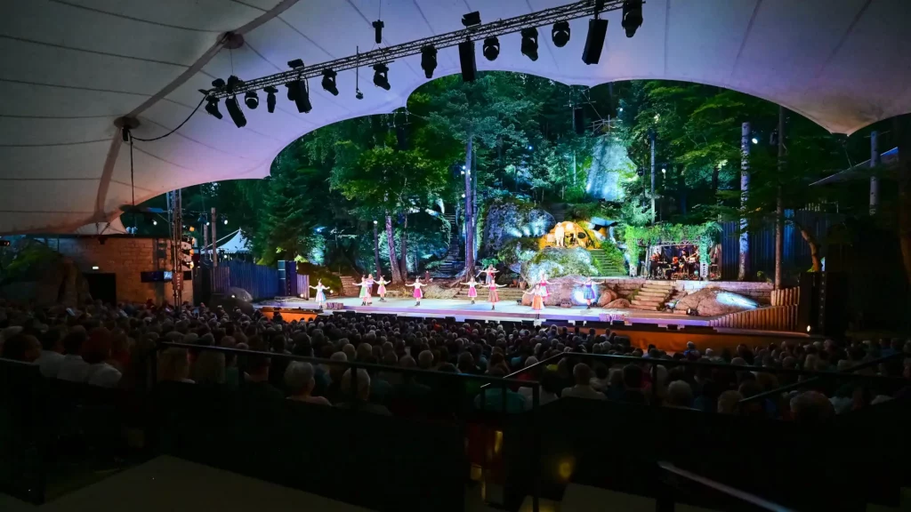 Die Bühne der Luisenburg-Festspiele. Im Vordergrund der Zuschauerraum, im Hintergrund ein Ensemble auf der Felsenbühne.