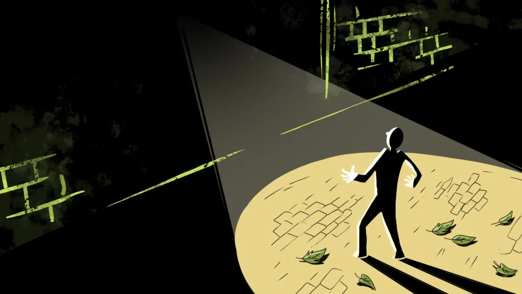 Die Grafik zeigt die Schattensilhouette eines Menscehn der in einem Lichtkegel steht