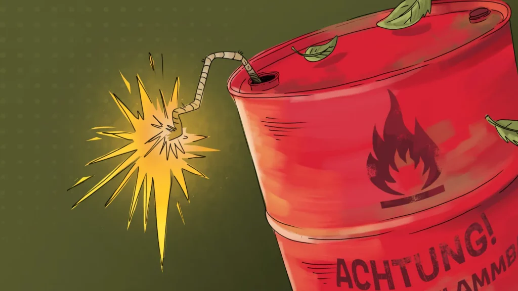Die Grafik zeigt ein ein explosives Fass mit einer brennenden Zündschnur