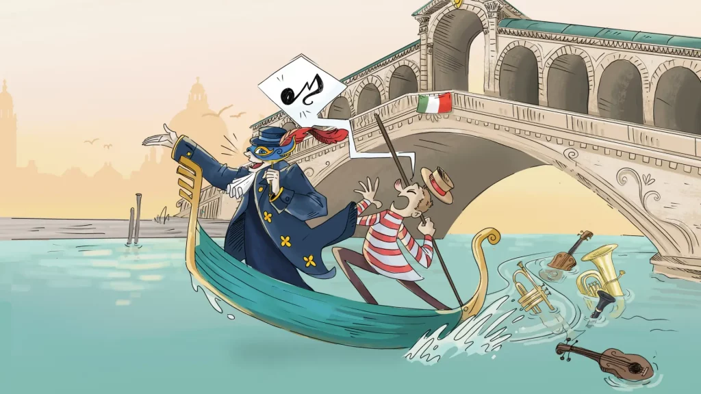 Die Grafik zeigt einen maskierten Mann auf einer Gondel vor einer Brücke. Im Wasser schwimmen Instrumente.