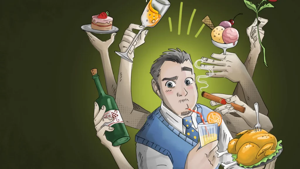 Die Grafik zeigt einen Man der einen Drink genießt. Weitere Arme halten im ein Hähnchen, Wein, Desert, Sekt, Eis und eine Rose.