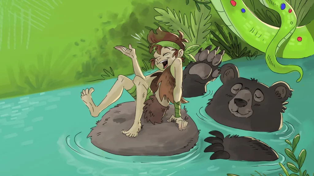 Die Grafik zeigt Mogli, der in einem Fluss auf dem Bauch des schwimmenden Bären Balu sitzt