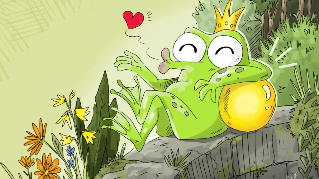 Die Grafik zeigt einen Frosch mit einer Krone und einer Goldkugel unter dem Arm auf einem Brunnenrand