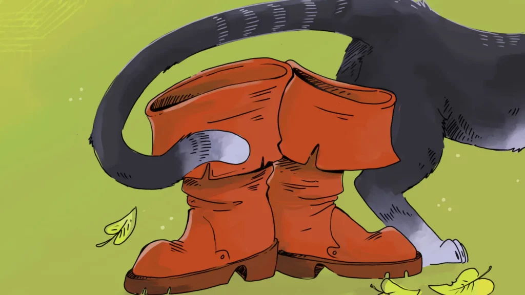 Die Grafik zeigt wie eine Katze hinter zwei Stiefeln steht