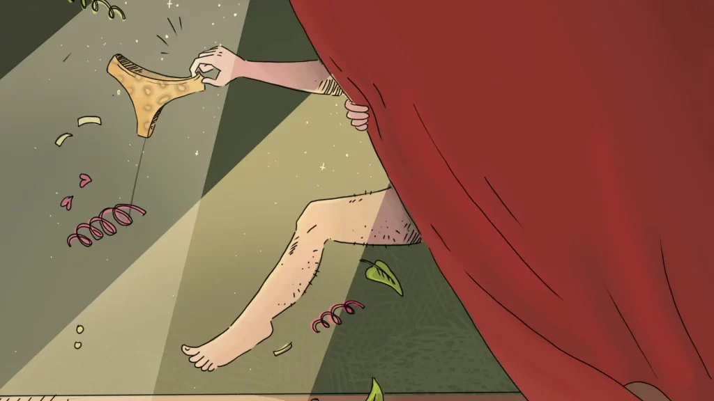 Die Grafik zeigt einen Mann hinter einem Vorhang, der ein behaartes Bei und eine Unterhose vor den Vorhang hält